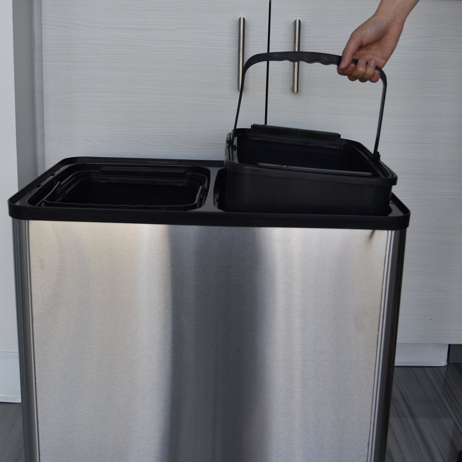 16 Gallon Dual-Compartment Self-Contained Electric-Motor Sensor Recycle Bin & Kitchen (Black Lid)