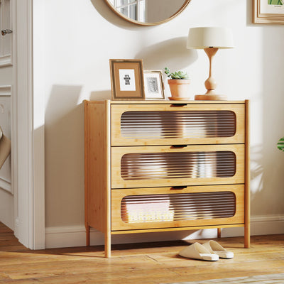 3 Drawer Mid Century Modern Chest of Drawers with Reeded Tempered Glass Front-Natural