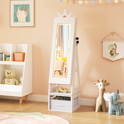 3 In 1 Kids Jewelry Cabinet with 3-Color Lighted Full Length Mirror-White