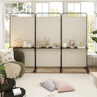 3-Panel Folding Room Divider with 3 Metal Shelves and Lockable Wheels-White