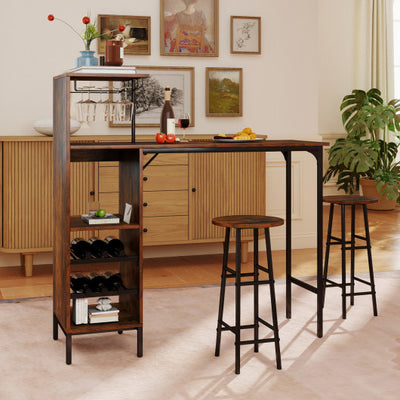 3 Piece Bar Table and Chairs Set with 6-Bottle Wine Rack-Rustic Brown