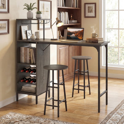 3 Piece Bar Table and Chairs Set with 6-Bottle Wine Rack-Oak