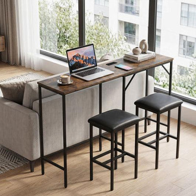 3-Piece Convertible L-Shaped Kitchen Table Chair Set with 2 AC Outlets USB Port and Type-C Port-Rustic Brown