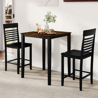 3-Piece Counter-Height Dining Table Set for 2 with Rubber Wood Frame and Footrest-Black