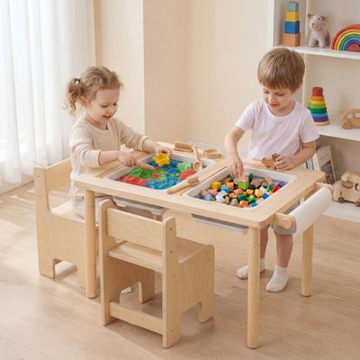 3-Piece Kids Activity Table and Chair Set with Adjustable Height-Natural