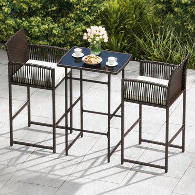 3 Piece Patio Bar Set Outdoor Wicker Bar Height Table and Armchairs with 2 Seat Cushions-White
