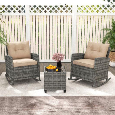 3-Piece Patio Rattan Roker Chairs with Tempered Glass Table and Soft Cushions-Yellow