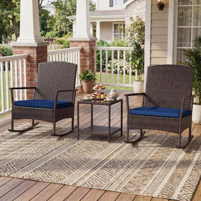3 Piece Patio Rocking Set Wicker Rocking Chairs with 2-Tier Coffee Table-Navy