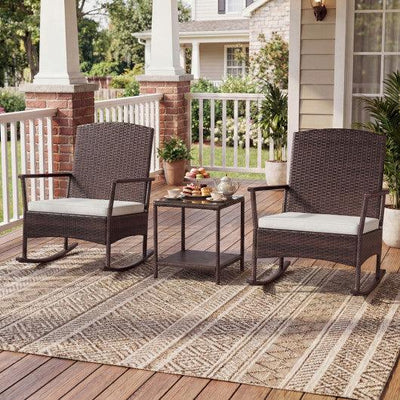 3 Piece Patio Rocking Set Wicker Rocking Chairs with 2-Tier Coffee Table-Off White
