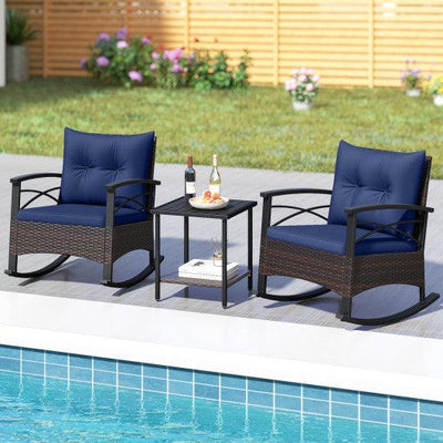 3 Piece Rocking Bistro Set PE Rattan Rocker Chairs with Acacia Wood Top Table-Navy