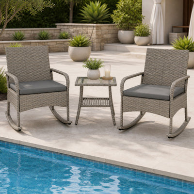 3-Piece Wicker Rocking Bistro Set with Cushions for Garden Backyard Porch-Gray