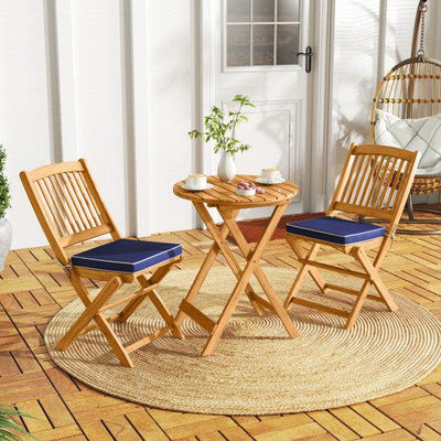 3 Pieces Acacia Wood Patio Folding Bistro Set with Soft Cushions-Navy