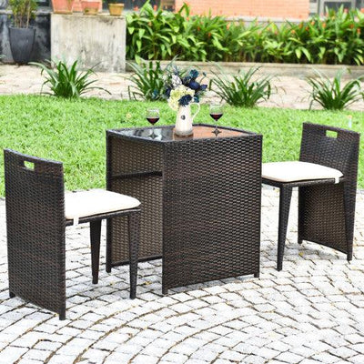3 Pieces Cushioned Wicker Patio Bistro Set with No Assembly Needed