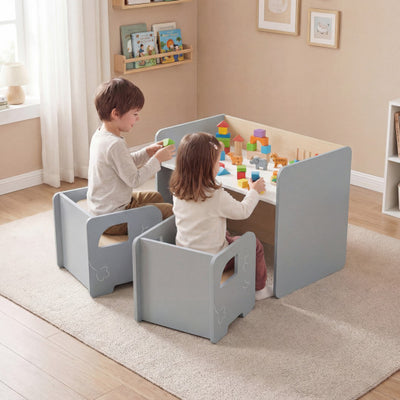 3 Pieces Kids Table and Chair Set with Space-saving Toddler Table and 2 Chairs-Gray