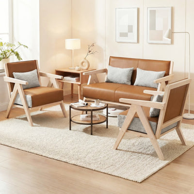 3 Pieces Living Room Furniture Set with Rubber Wood Frame-Brown