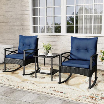 3 Pieces Outdoor Rattan Rocking Chairs Set with 2-Tier Side Table for Garden Backyard-Navy