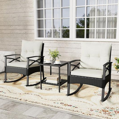3 Pieces Outdoor Rattan Rocking Chairs Set with 2-Tier Side Table for Garden Backyard-White