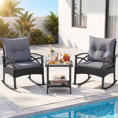 3 Pieces Outdoor Rattan Rocking Chairs Set with 2-Tier Side Table for Garden Backyard-Black and Gray
