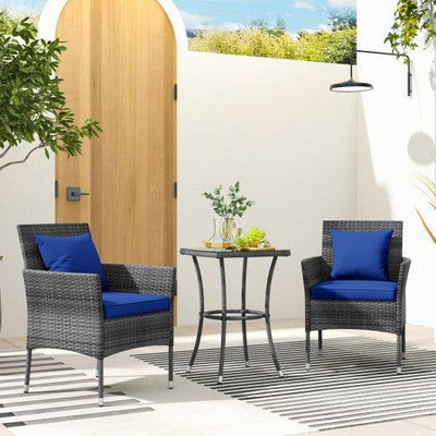 3 Pieces Patio Furniture Set with Cushioned Patio Chairs and Tempered Glass Coffee Table-Navy