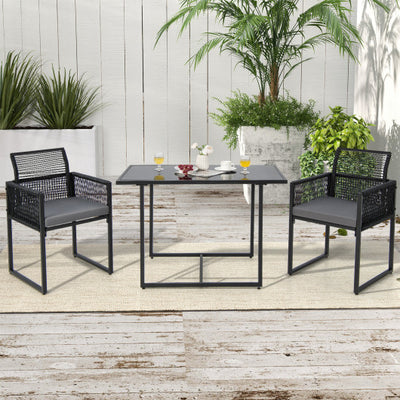 3 Pieces Outdoor Dining Set with Folding Backrest and Seat Cushions-Gray