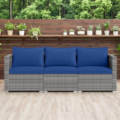 3 Pieces Patio Sectional Sofa Set PE Rattan Modular Couch Furniture Set with Soft Cushions-Navy