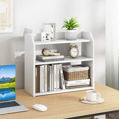 3-Tier Desktop Bookshelf Wooden Countertop Bookcase with Raised Top Guardrails-White