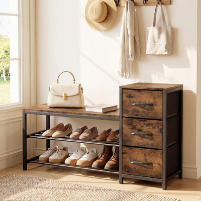 3-Tier Industrial Shoe Bench with 3 Removable Fabric Drawers and Anti-toppling Kits-Rustic Brown