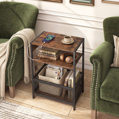 3-Tier Industrial Side Table with 2 AC Outlets and 1 Type-C Ports-Rustic Brown