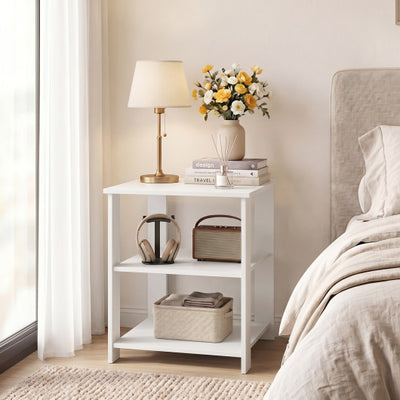 3-Tier Modern Nightstand Square Side Table with Open Storage Shelves-White