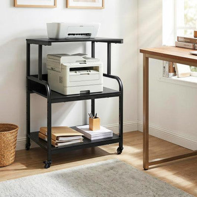 3-Tier Rolling Printer Stand with Adjustable Shelf and Lockable Wheels-Black