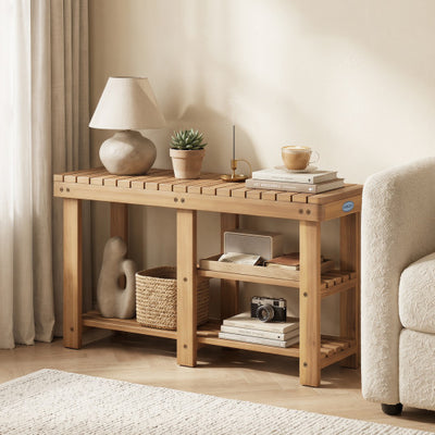 3-Tier Solid Wood Shoe Rack Bench with Slatted Shelves-L