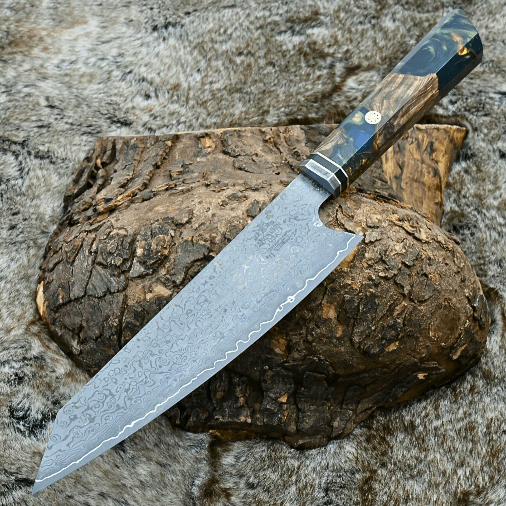 Aurora Japanese VG10 Damascus Chef Knife with Exotic Olive Burl & Emerald Green Pearl Resin Handle