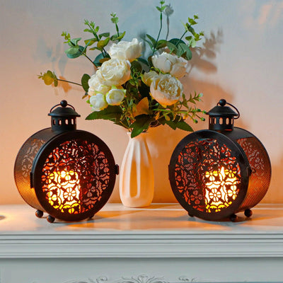 Set of 2 Round Vintage Metal Candle Lanterns 7.5