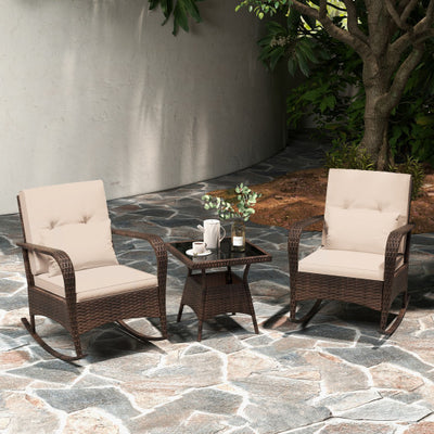 3 Piece Outdoor Rocking Set with Tempered Glass Coffee Table for Backyard Poolside-Brown