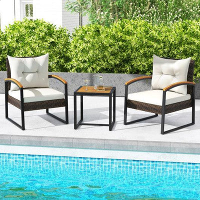 3 Piece Patio Conversation Set with Solid Acacia Wood Armrests and Tabletop-White