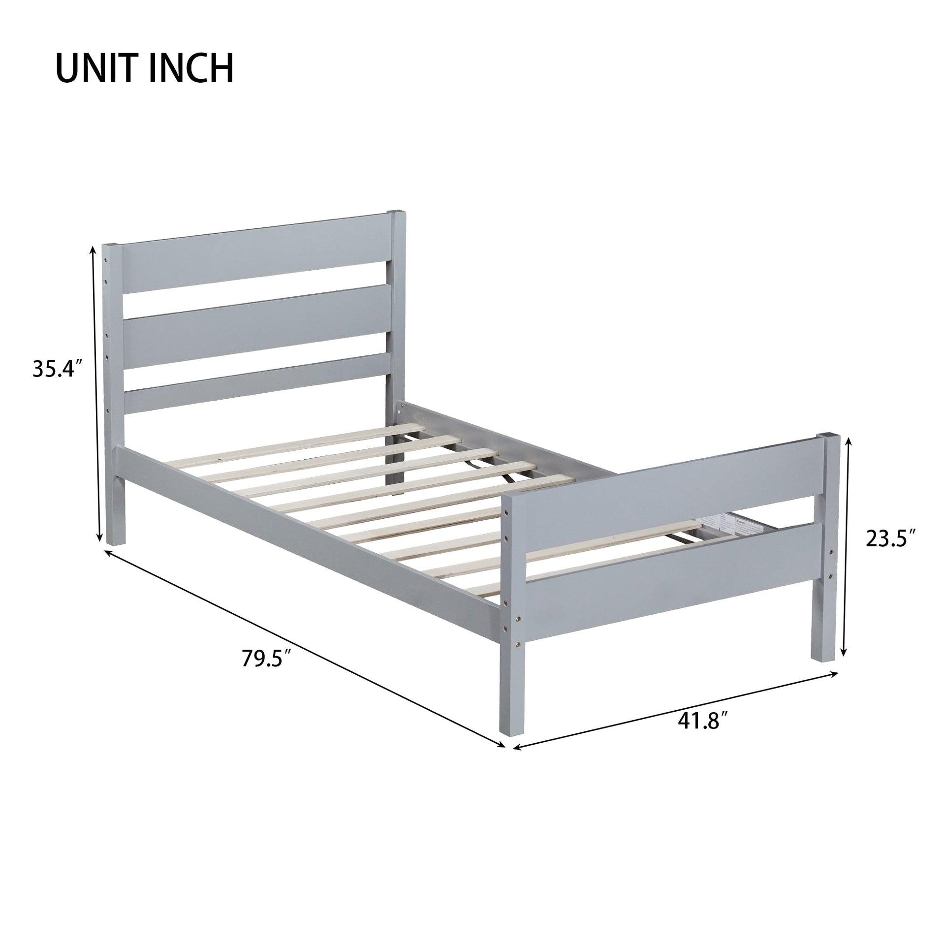 Twin Bed with Headboard and Footboard,Rubber Wood Bed,Grey