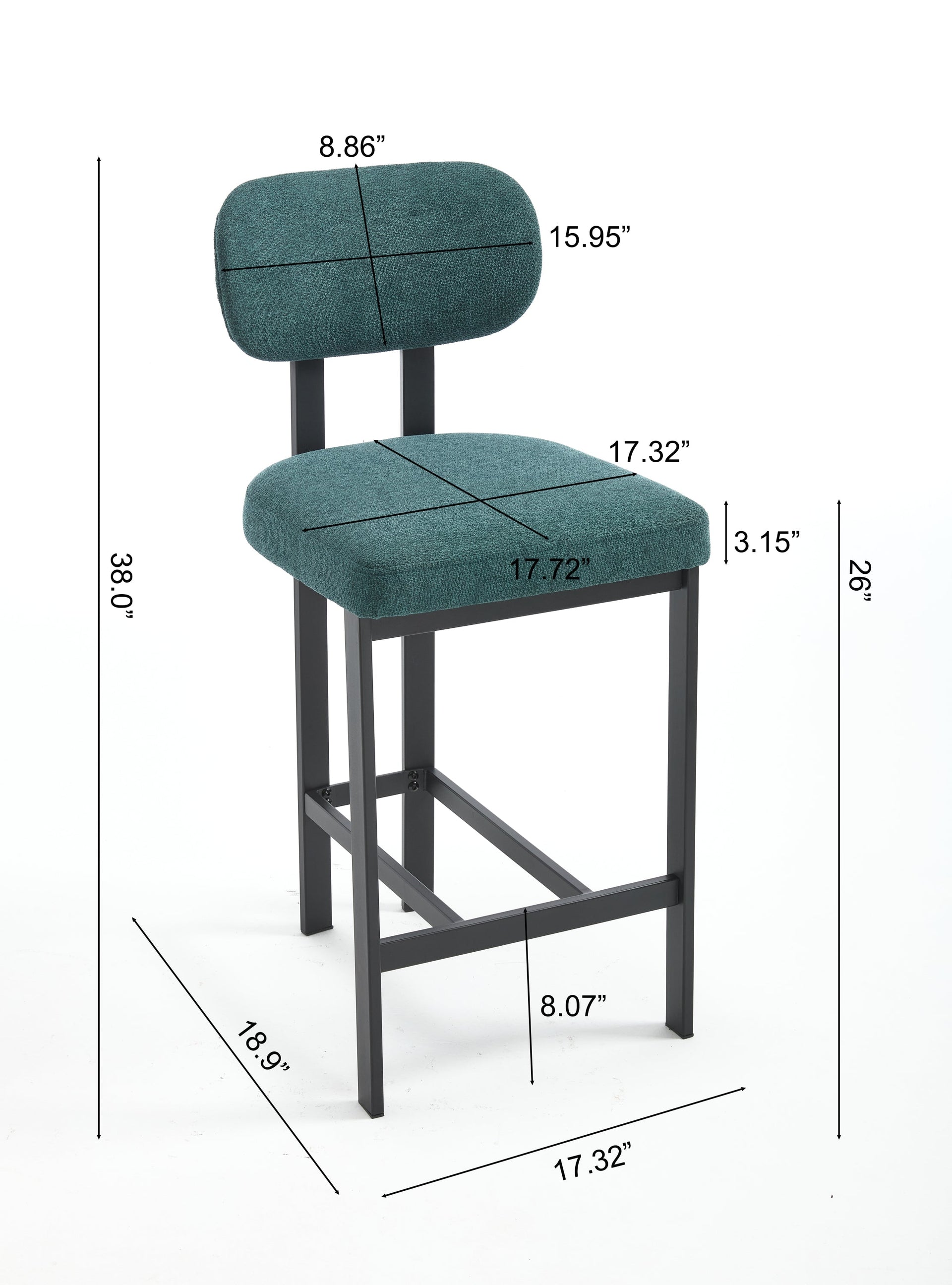Bar Stools Set of 2, 26 inch Modern Upholstered Fabric Counter Height Barstools, Kitchen Island Chairs with Black Metal Legs for Dining Room/Kitchen Island/Bar