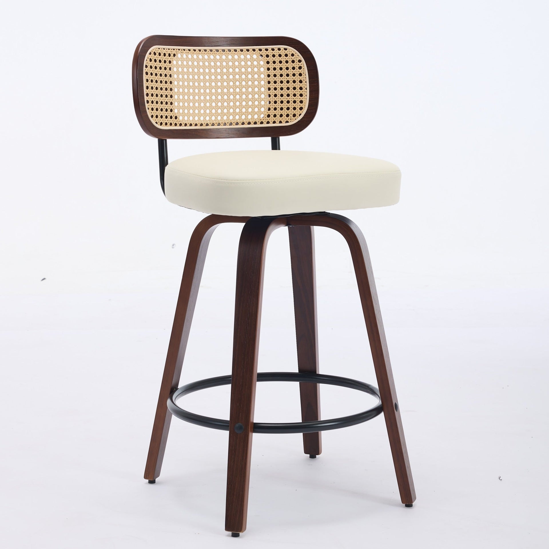 Set of 3 Counter Height Bar Stools - 26 inch Rattan Counter Height Stools with Cane Back, Upholstered Seat, Walnut Craftsmanship, Swivel Counter Stools for Island/Kitchen/Counter/Bar (Walnut /Beige)