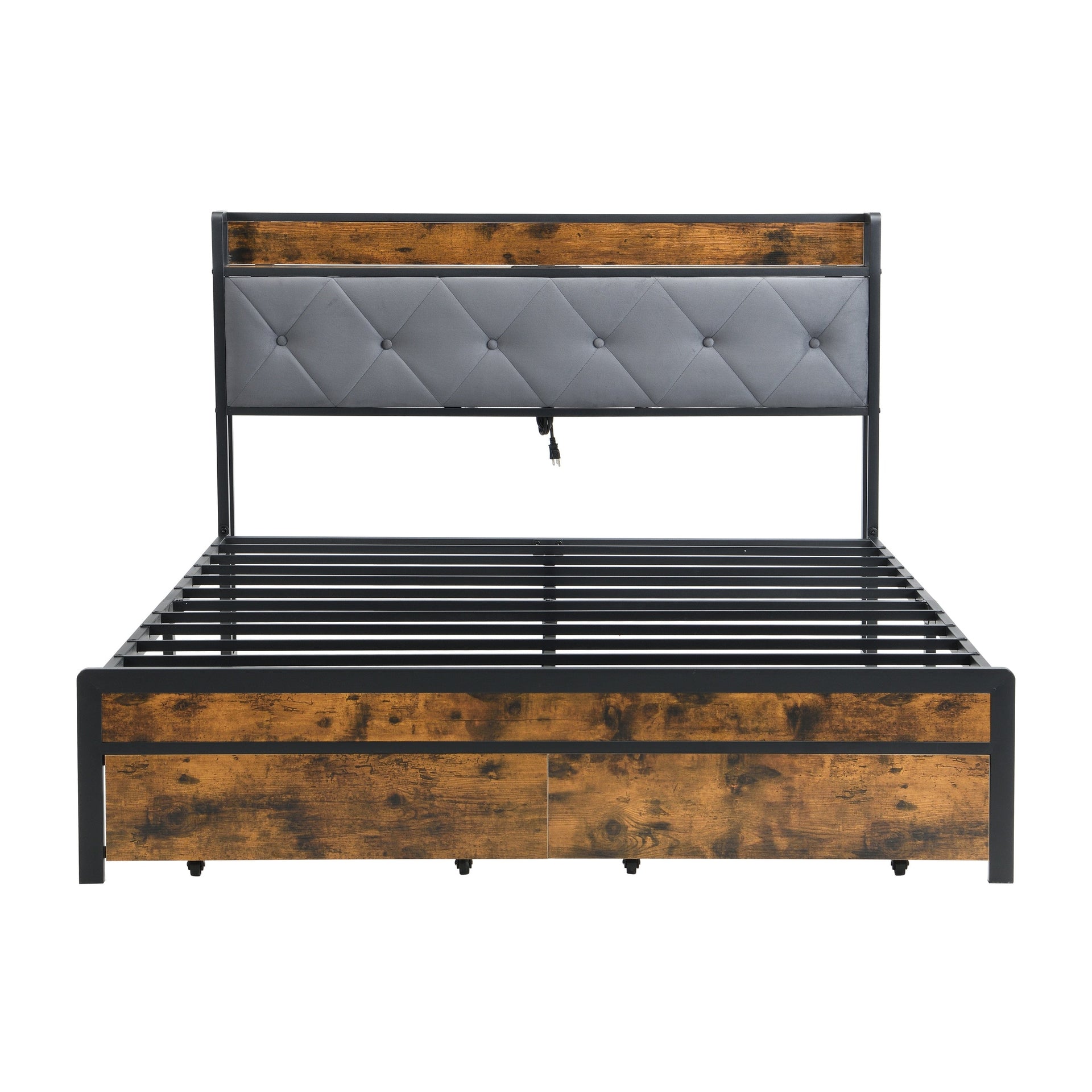 Modern Full Bed Frame with LED Lights, Upholstered Headboard, Storage Drawers, USB Charging, Grey MDF & Iron
