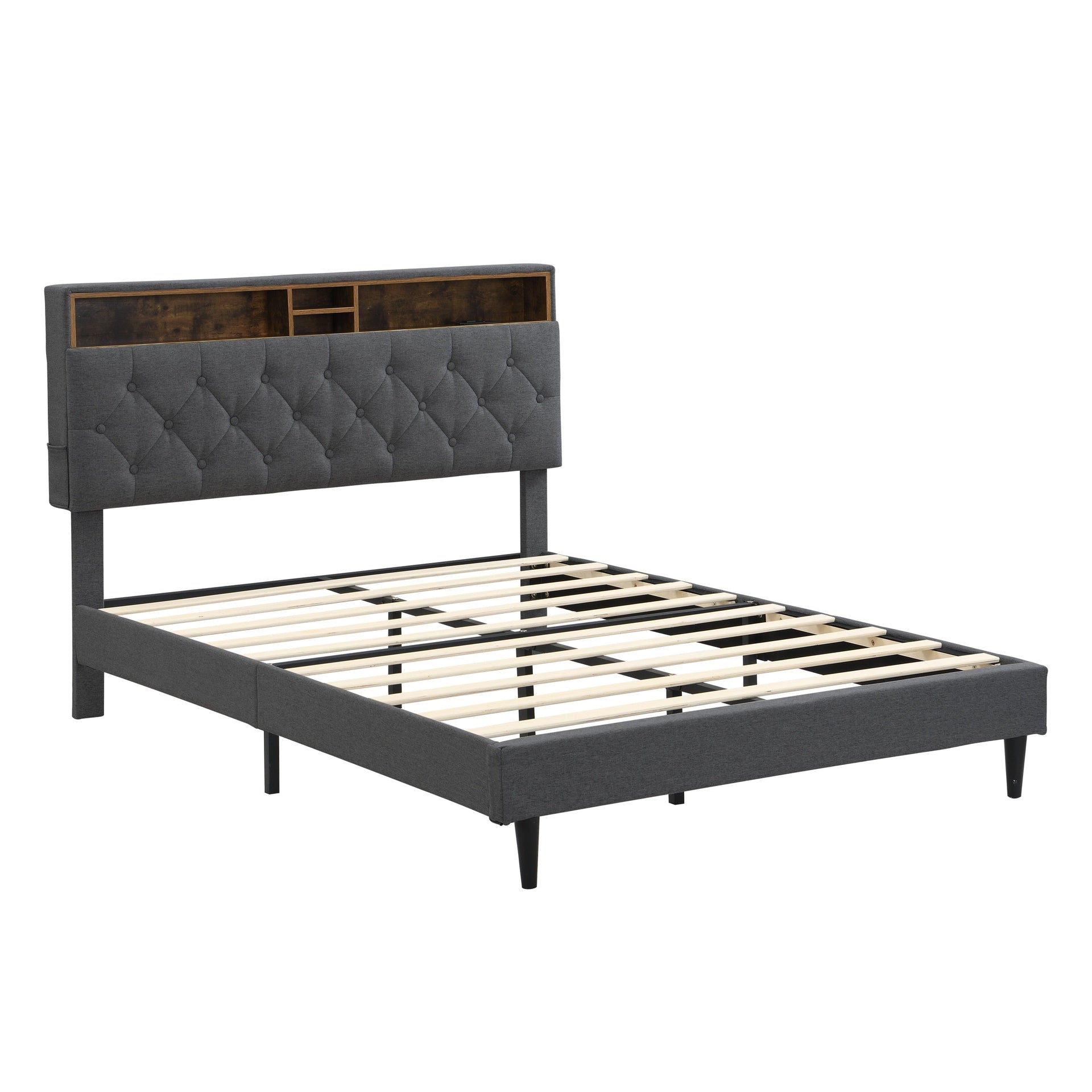 Modern Dark Grey Queen-Size Upholstered Platform Bed Frame with Button-Tufted Linen Headboard and USB Ports