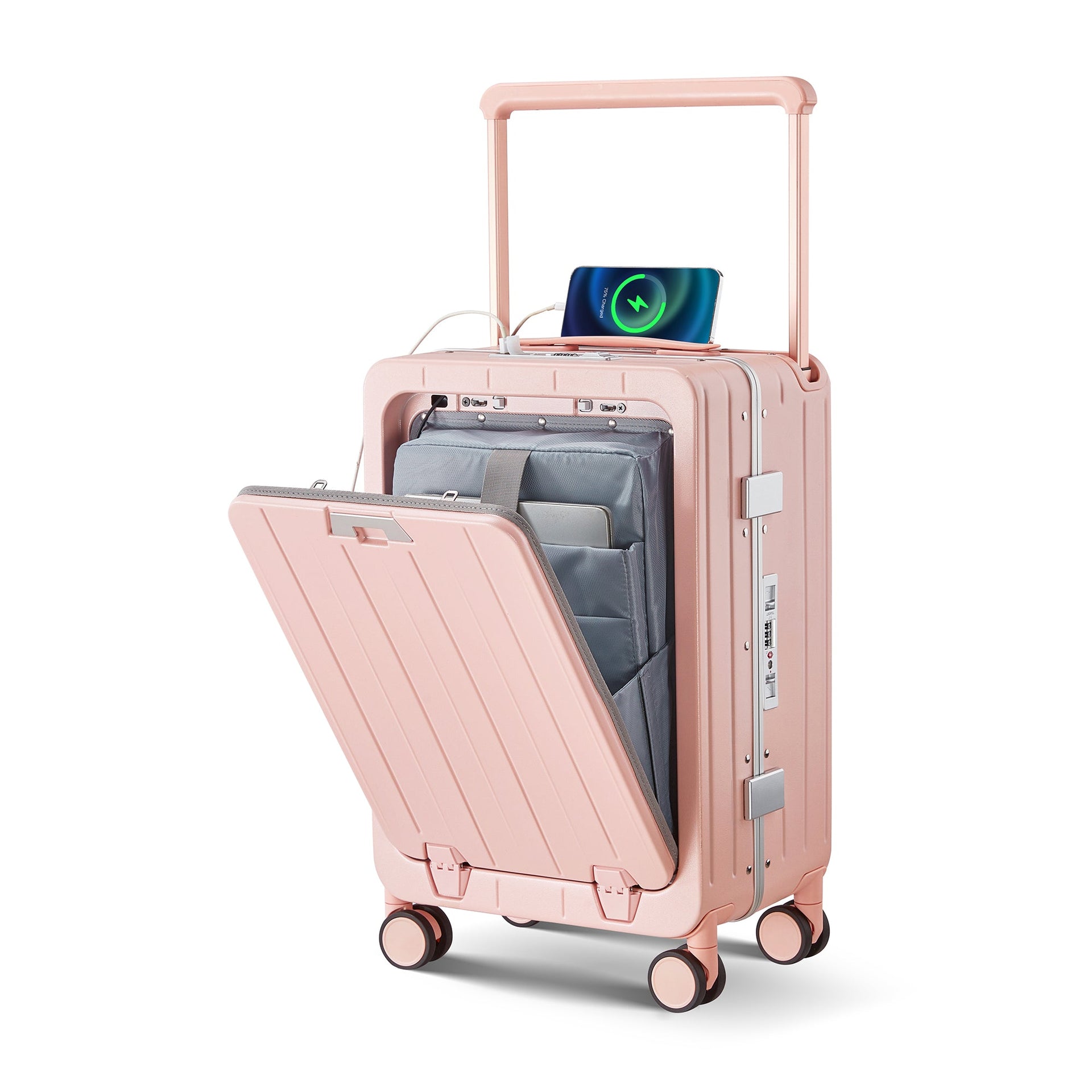 Aluminum Frame 20 Inch with Front Open Carry-on Luggage, PC Hard Shell Suitcase, Bounce Wide Handle Pull Rod Luggage with 360°Double Wheels, Built-In TSA Lock, Airline Approved Suitcase for Business