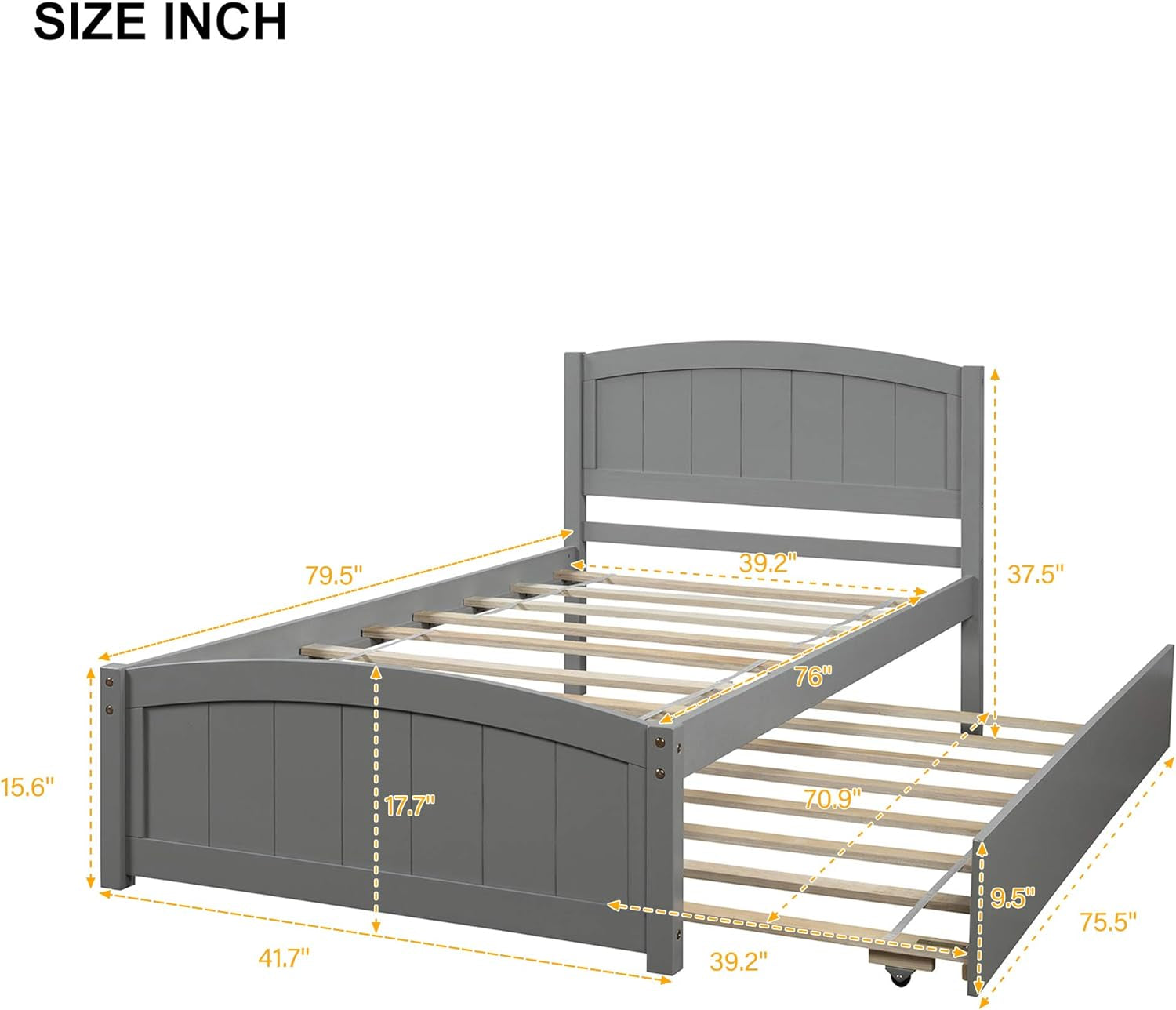 Twin Bed Frame, Wood Platform Bed with Trundle, Headboard, Footboard and Wood Slat Support, Grey