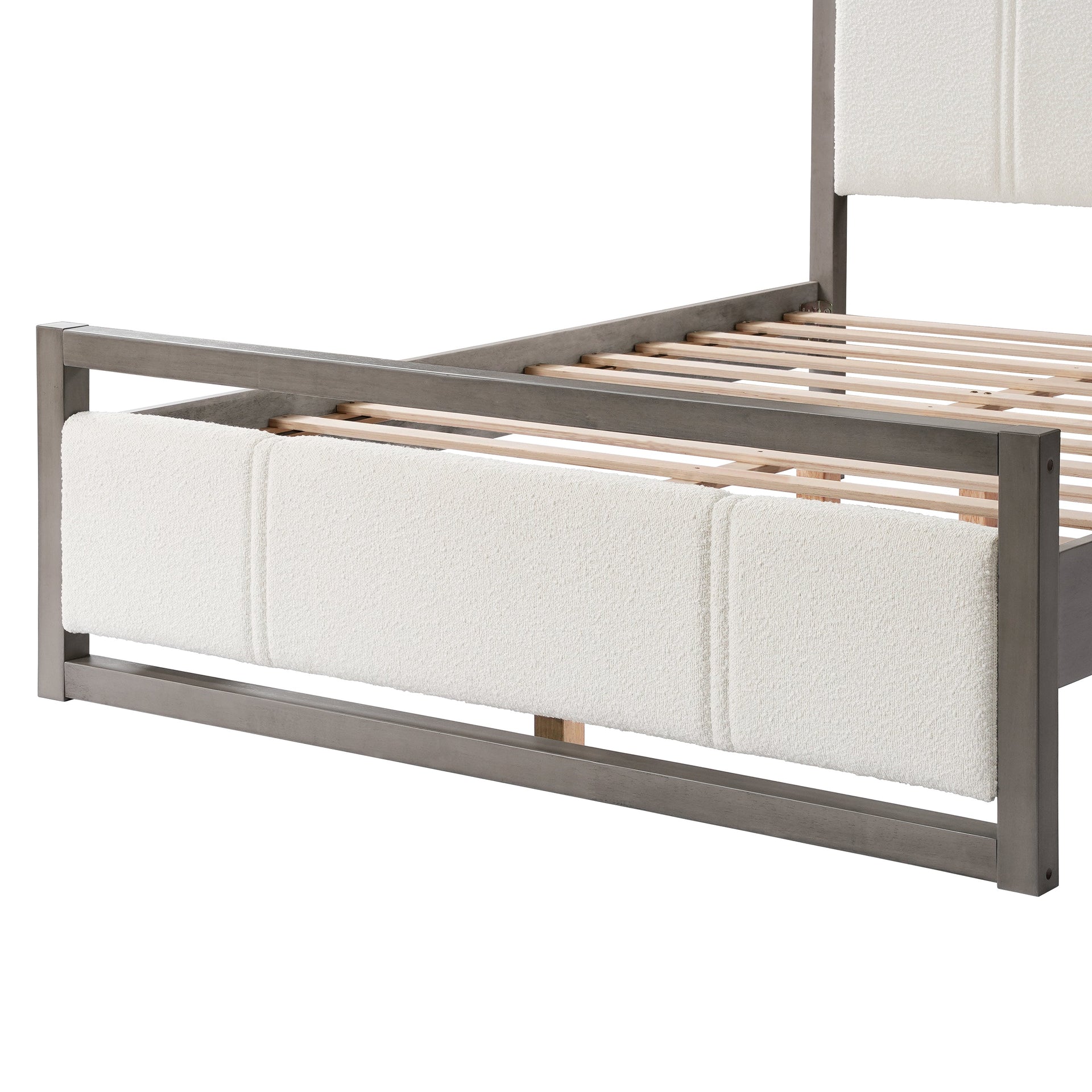 Queen Bed with Ivory Boucle Fabric Headboard, Wood Frame