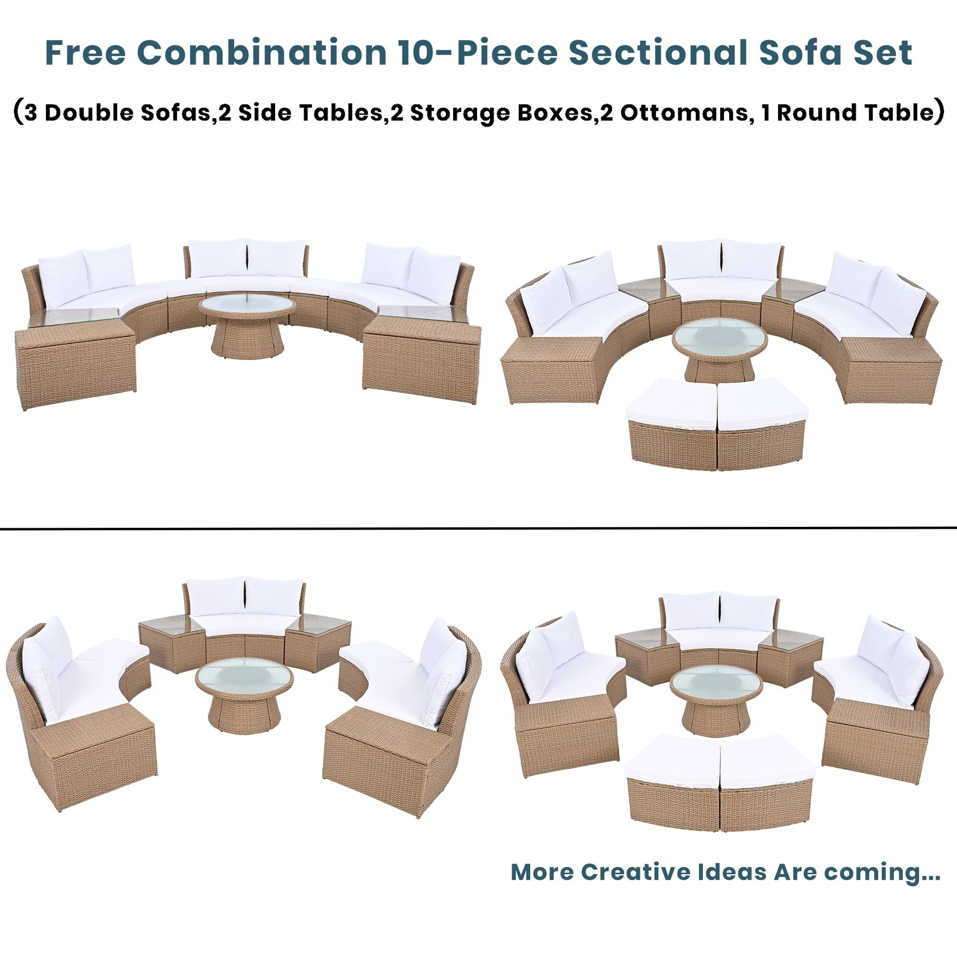 10-Piece Outdoor Sectional Half Round Patio Rattan Sofa Set, PE Wicker Conversation Furniture Set for Free Combination, White