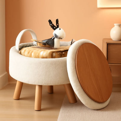 Cream Velvet Round Storage Ottoman With Solid Wood Legs