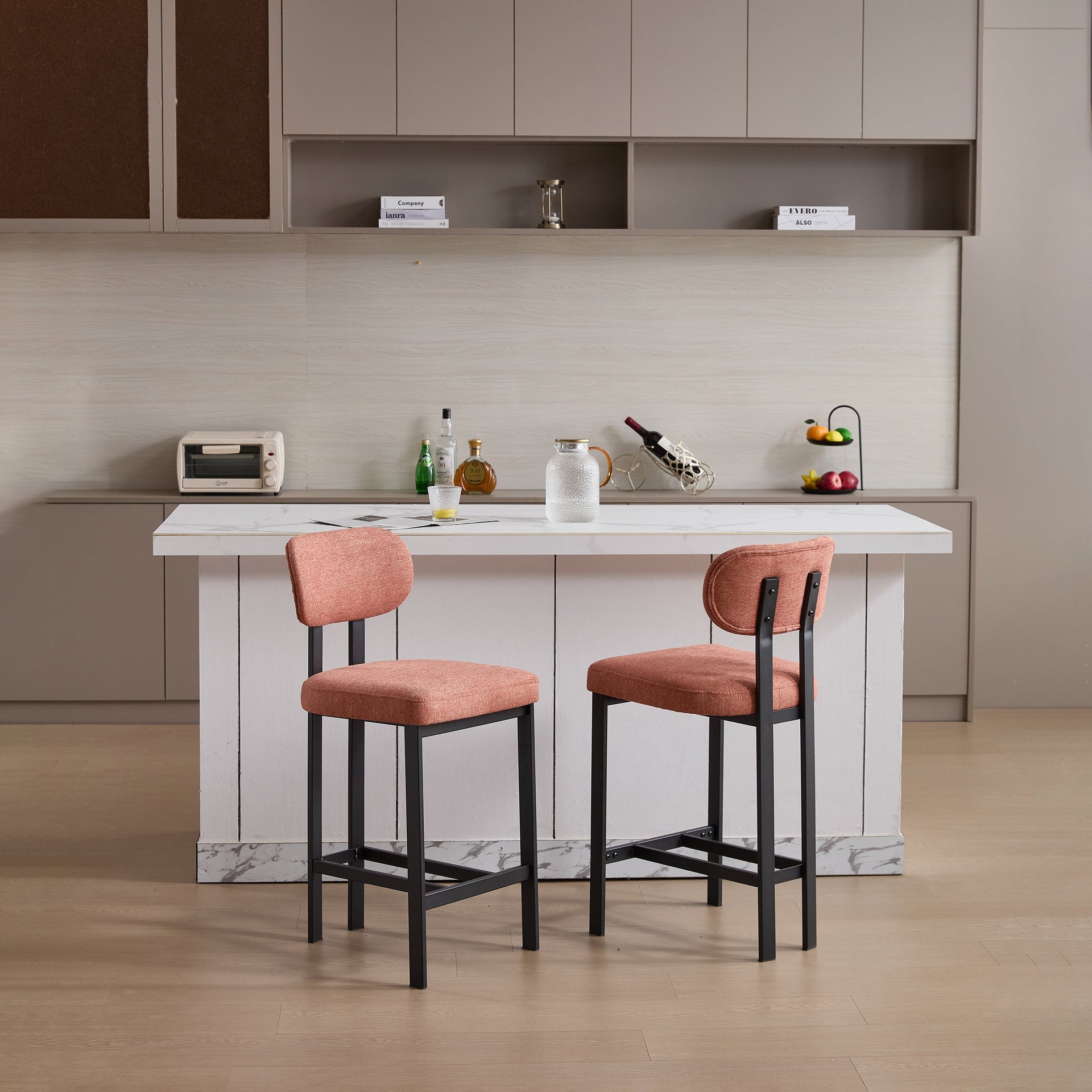 Bar Stools Set of 2, 26 inch Modern Upholstered Fabric Counter Height Barstools, Kitchen Island Chairs with Black Metal Legs for Dining Room/Kitchen Island/Bar