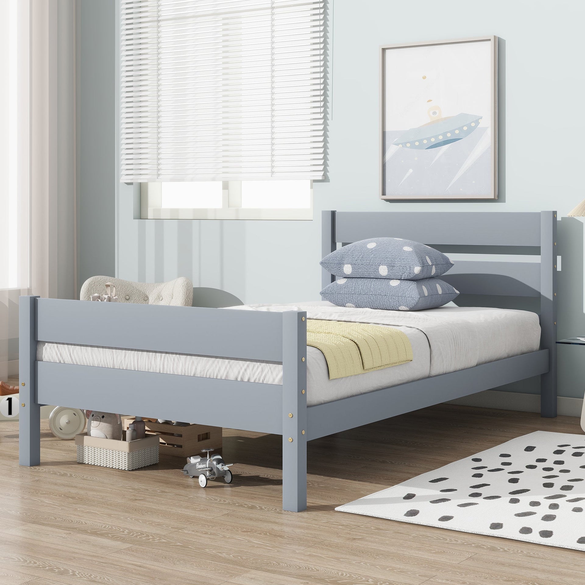 Twin Bed with Headboard and Footboard,Rubber Wood Bed,Grey