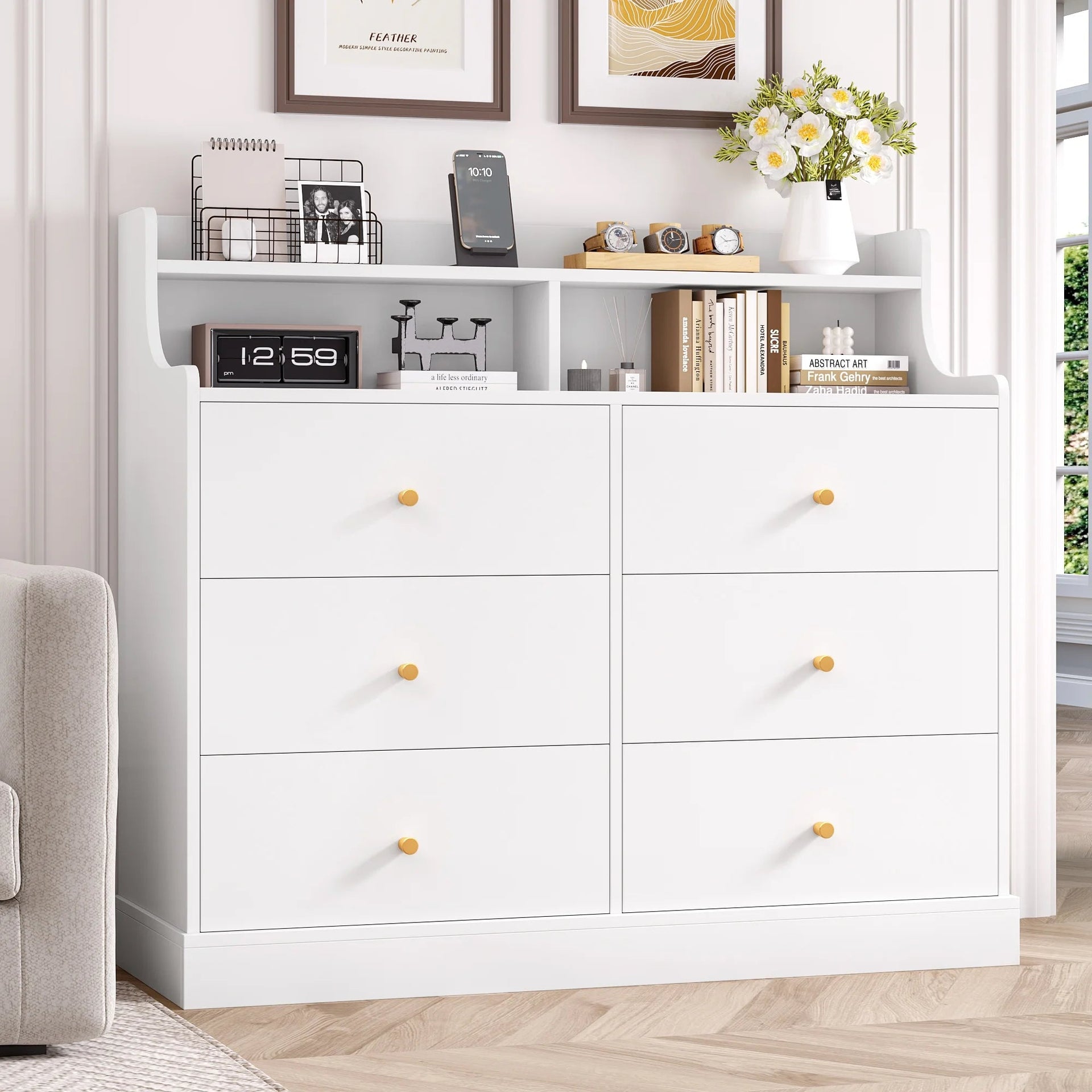 6 Drawer Double White Dresser with Hutch, Modern Wood Dresser Storage Cabinet for Bedroom Living Room
