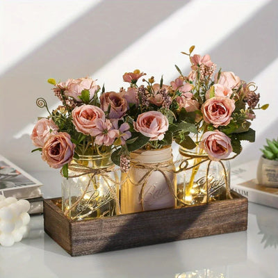 3pcs Mason Jar Centerpiece Table Decorations for Dining Table Decor Farmhouse Coffee Table Decor with Wood Tray and Led Light Table Centerpieces for Dining Room Kitchen Living Bathroom, Pink