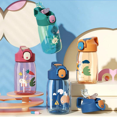 400ml/550ml High Quality Material Kids Water Bottle With Straw Leak-Proof BPA Free Durable Plastic Drinking Bottle Cute Water Bottle with Sipper, Water Bottle for Kids Sipper Bottle for Kids - Anti-Leak Cartoon Kids Water Bottle for Kids